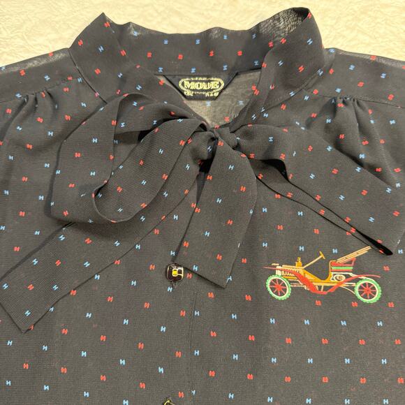 Vintage 70 80s Novelty Car Tie Neck Bow Blouse Retro Holiday Christmas Top Large - Picture 6 of 8